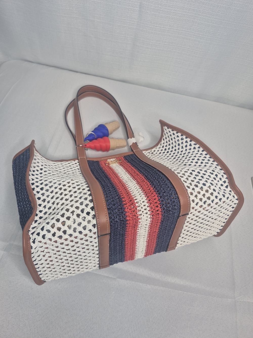 Aldo Woven Straw Tote with Red-White-Blue Stripes and Brown Trim NWT - Picture 9 of 11